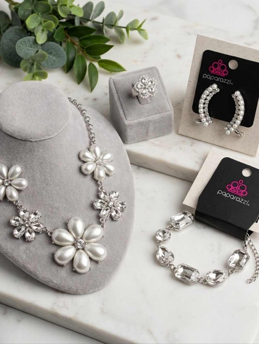 Silver Pearl And Rhinestone Floral Statement Necklace Earrings Bracelet And Ring